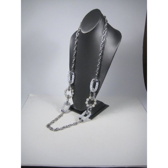 Imitation Pearl Beaded Necklace 45 inch Silvertone Heavy Chain Strand Statement - Picture 11 of 13